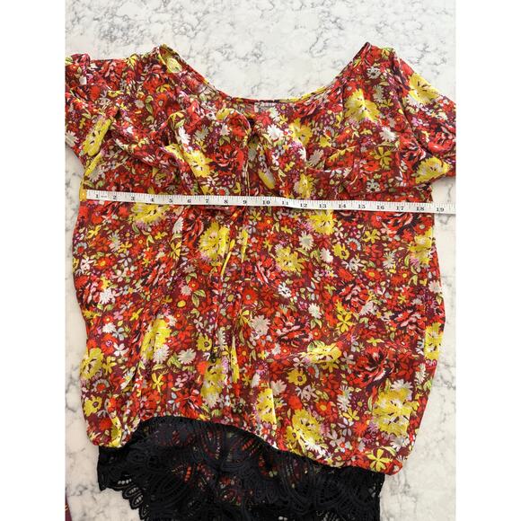 Free People "Say It To Me" Red Orange Yellow Floral Chiffon Bodysuit-Small - Picture 6 of 7